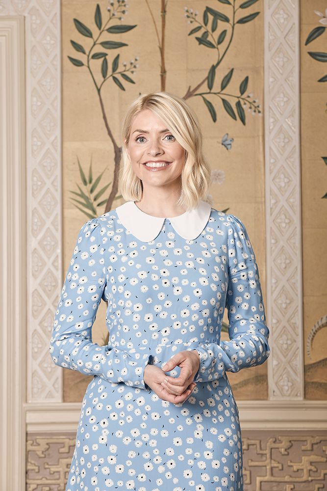 Holly Willoughby wears a blue floral dress on the set of Midsomer Murders