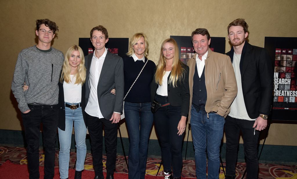 CENTURY CITY, CA - NOVEMBER 01: (L - R) Tristan Gretsky, guest, Ty Gretzky, actress Janet Jones, Emma Gretzky, NHL legend Wayne Gretzky and Trevor Gretzky attend the Los Angeles premiere of "In Search Of Greatness" released by IMG Films, AOS Art Of Sport and Moviepass Films at AMC Century City 15 theater on November 1, 2018 in Century City, California.  (Photo by Michael Tullberg/Getty Images)
