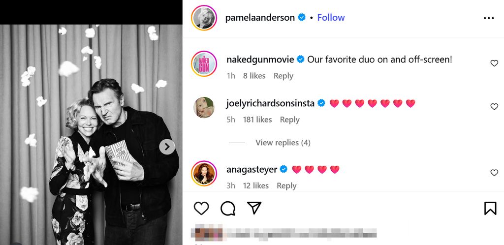 Screengrab of Pamela Anderson's Instagram with comment from Joely Richardson