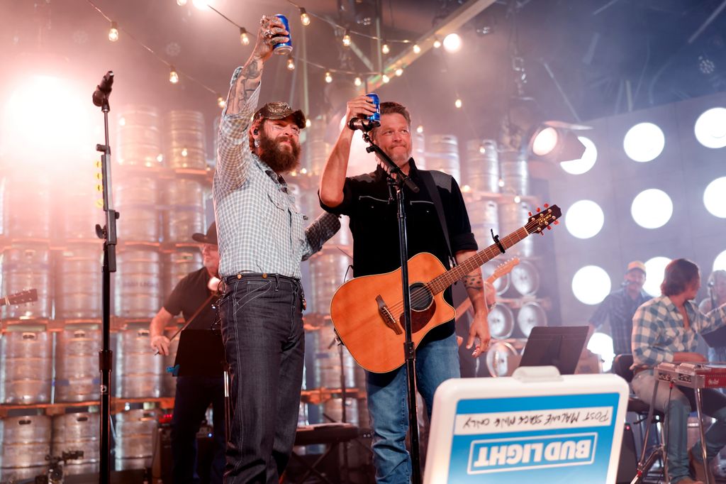 Post Malone and Blake Shelton perform onstage for Bud Light's "A Night In Nashville" concert at Marathon Music Works on July 16, 2024 in Nashville, Tennessee