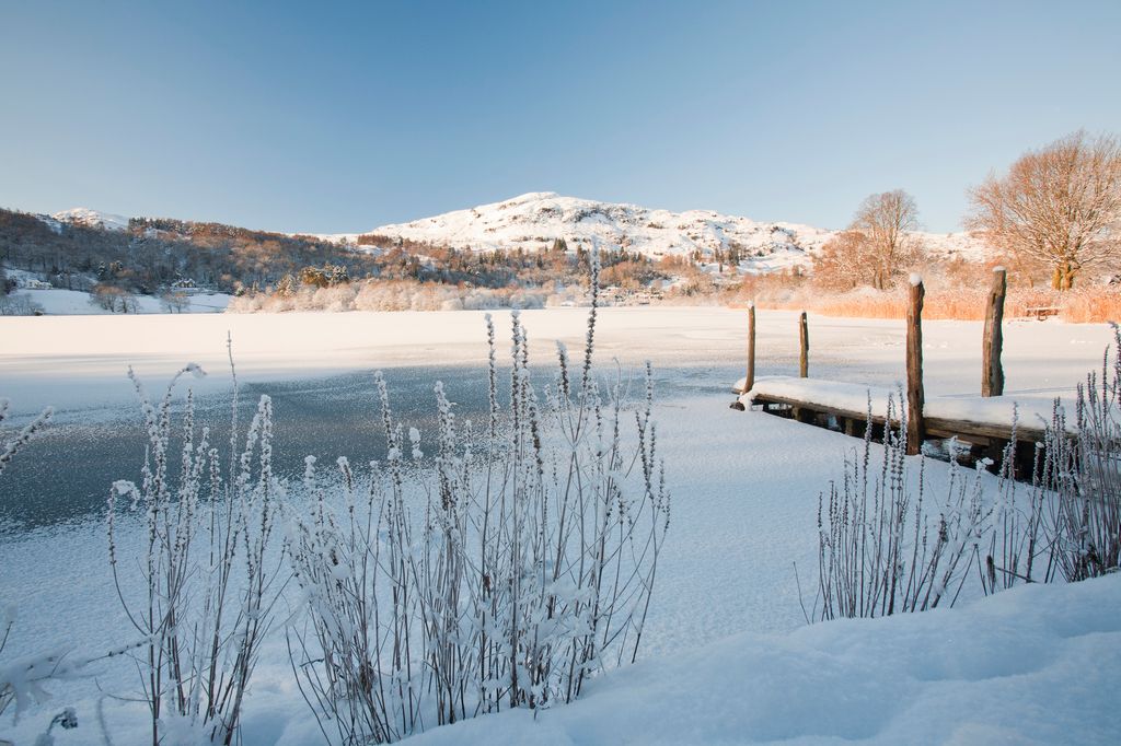 Grasmere lake in the Lake District National Park, iced over during a cold snap in December 2010.
