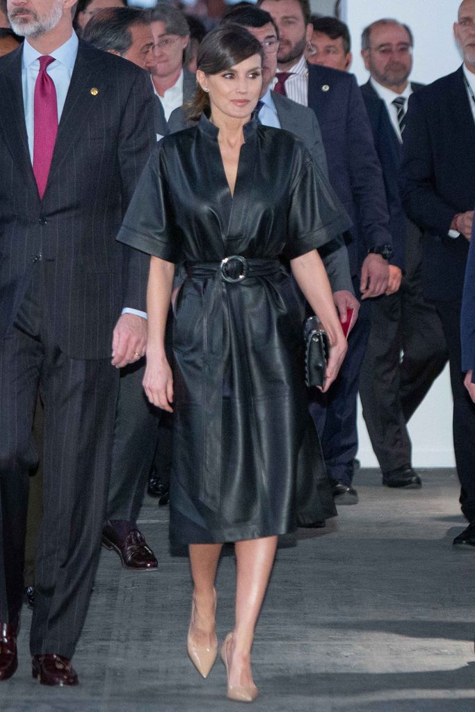 Queen Letizia wearing a leather dress in Madrid, 2019