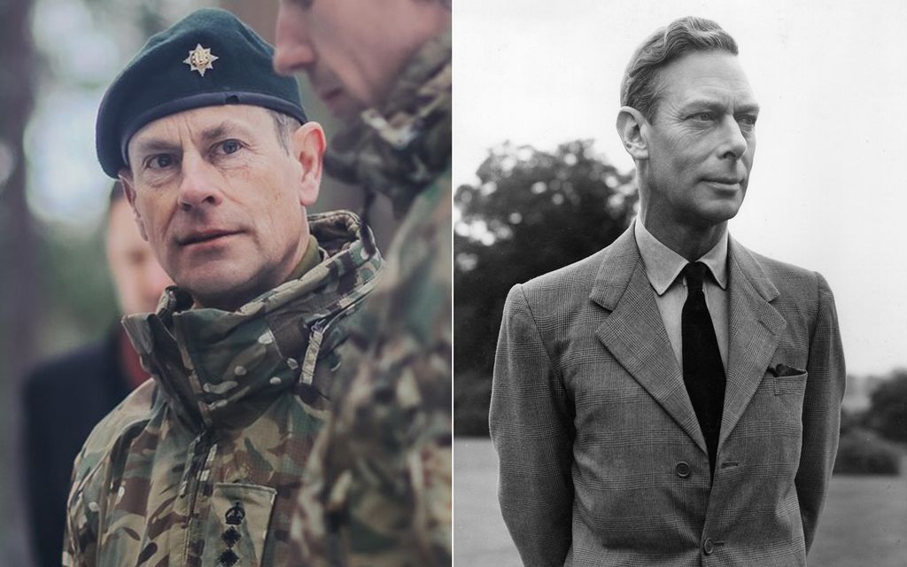 Prince Edward in combat uniform in Estonia and black and white image of King George VI in 1940s