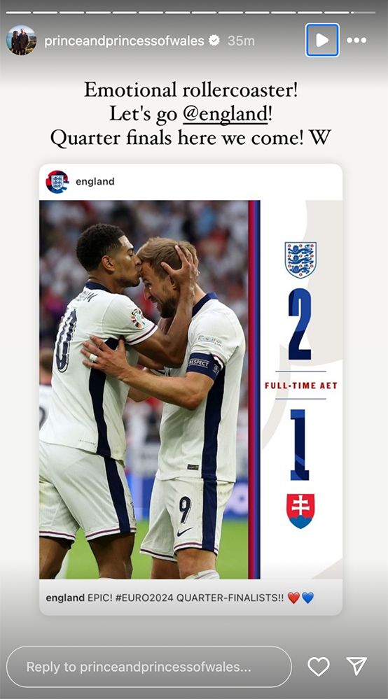 Prince William celebrating England's big win on Instagram