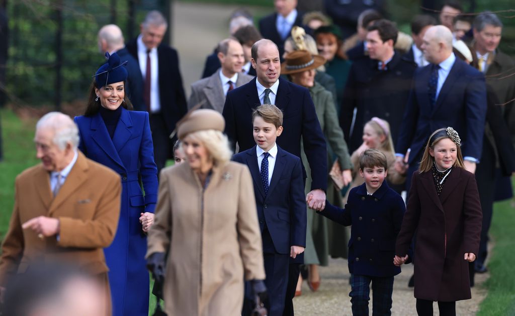King Charles III, Catherine, Princess of Wales, Queen Camilla, Prince George, Prince William, Prince of Wales, Prince Louis and Mia Tindall attend the Christmas Morning Service at Sandringham Church on December 25, 2023 in Sandringham, Norfolk.