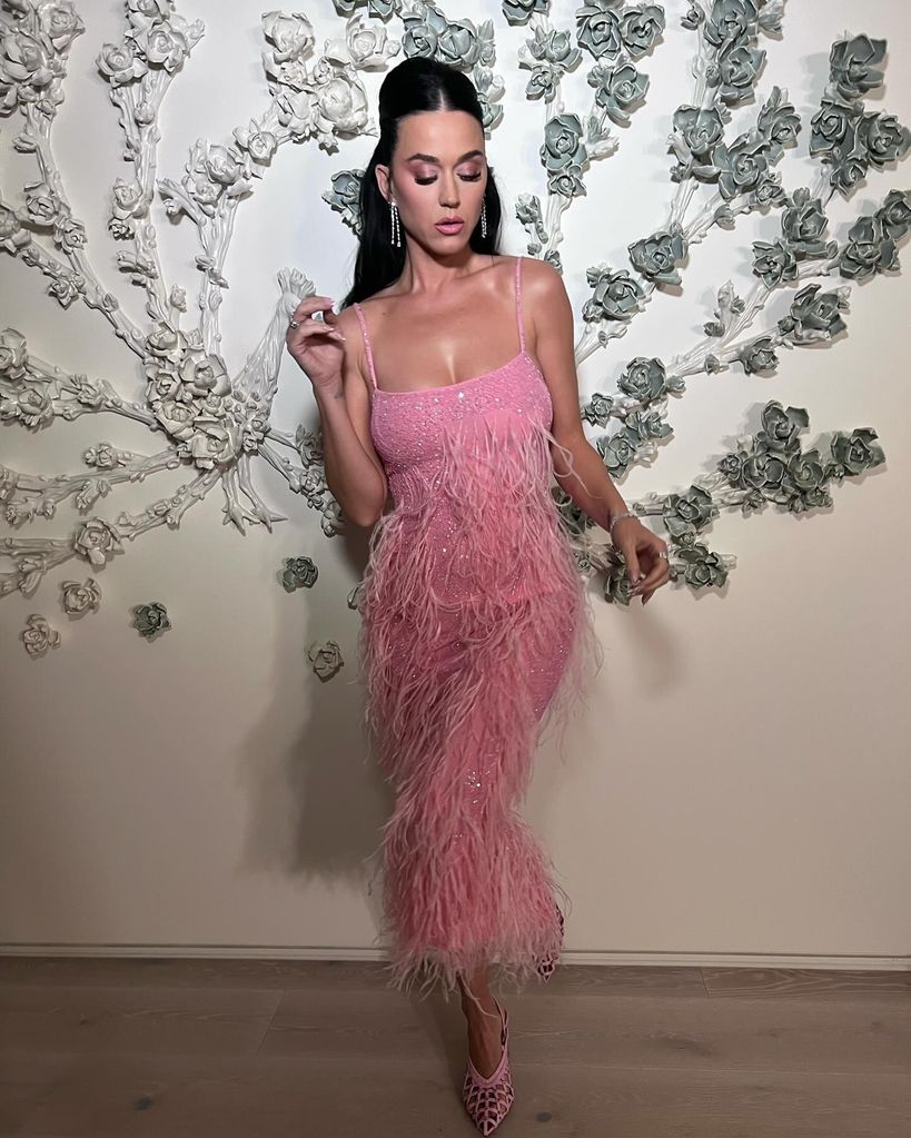 katy perry pink sequin and feather dress