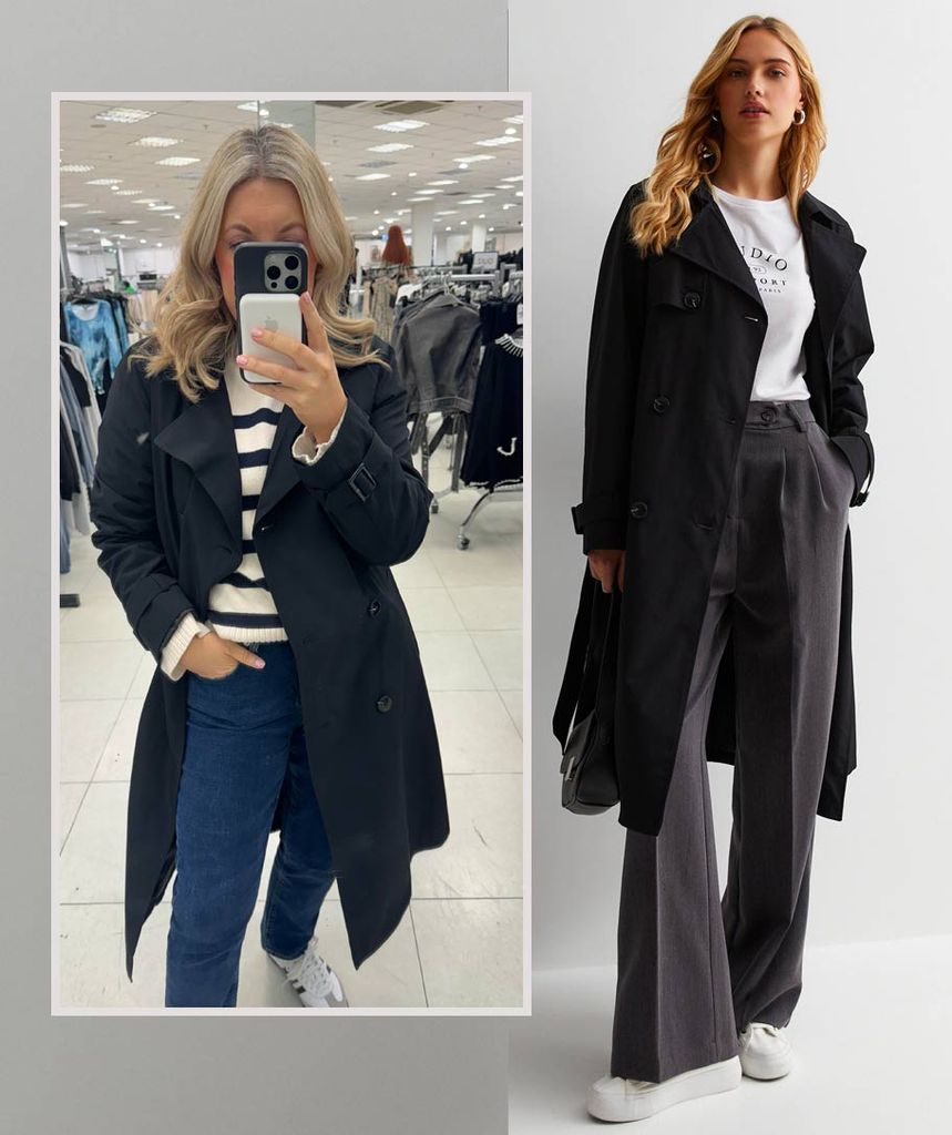 Leanne Bayley wearing a black trench coat from New Look
