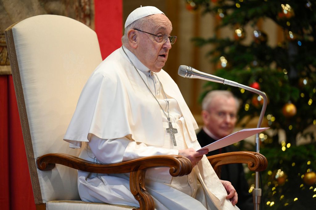 Pope Francis delivers his State of the Worldâ address at the annual Audience for Members of the Diplomatic Corps accredited to the Holy See at the Apostolic Palace on January 09, 2025 