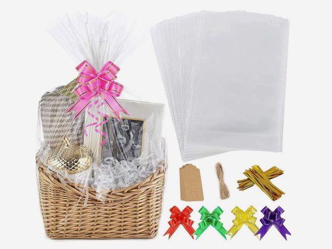 DIY gift hamper basket kits cellophane bows
