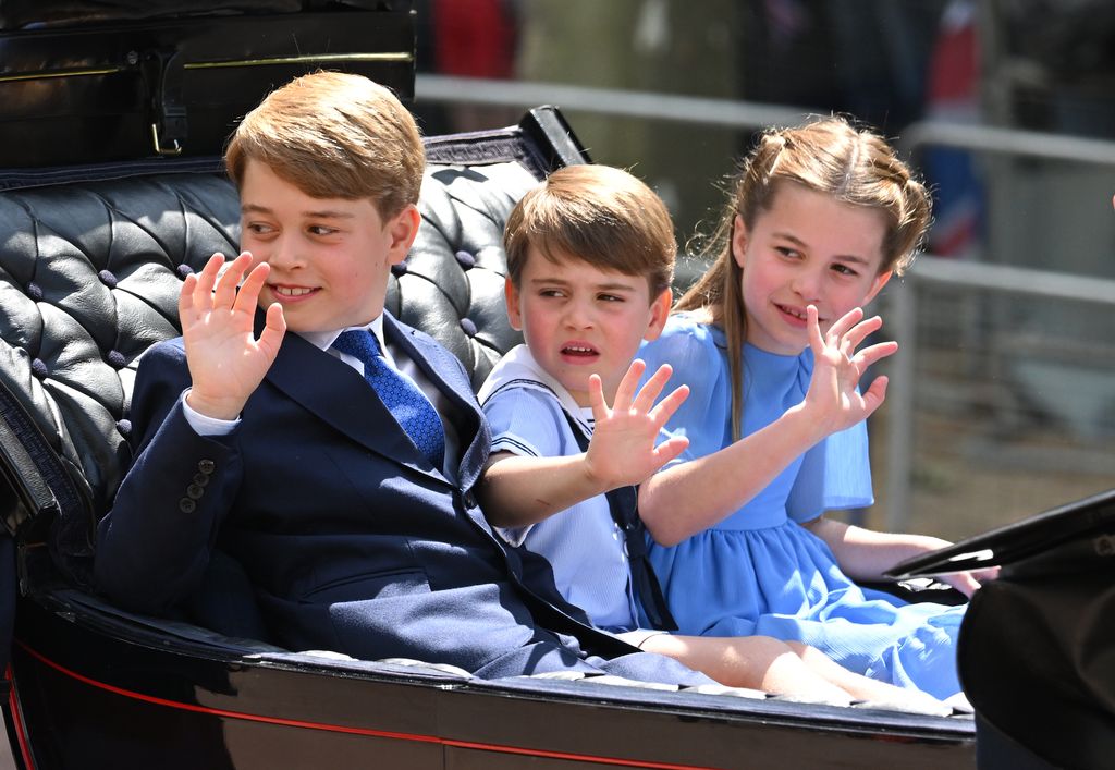 Prince George, Prince Louis and Princess Charlotte in the carriage procession at Trooping the Colour during Queen Elizabeth II Platinum Jubilee on June 02, 2022 in London, England.