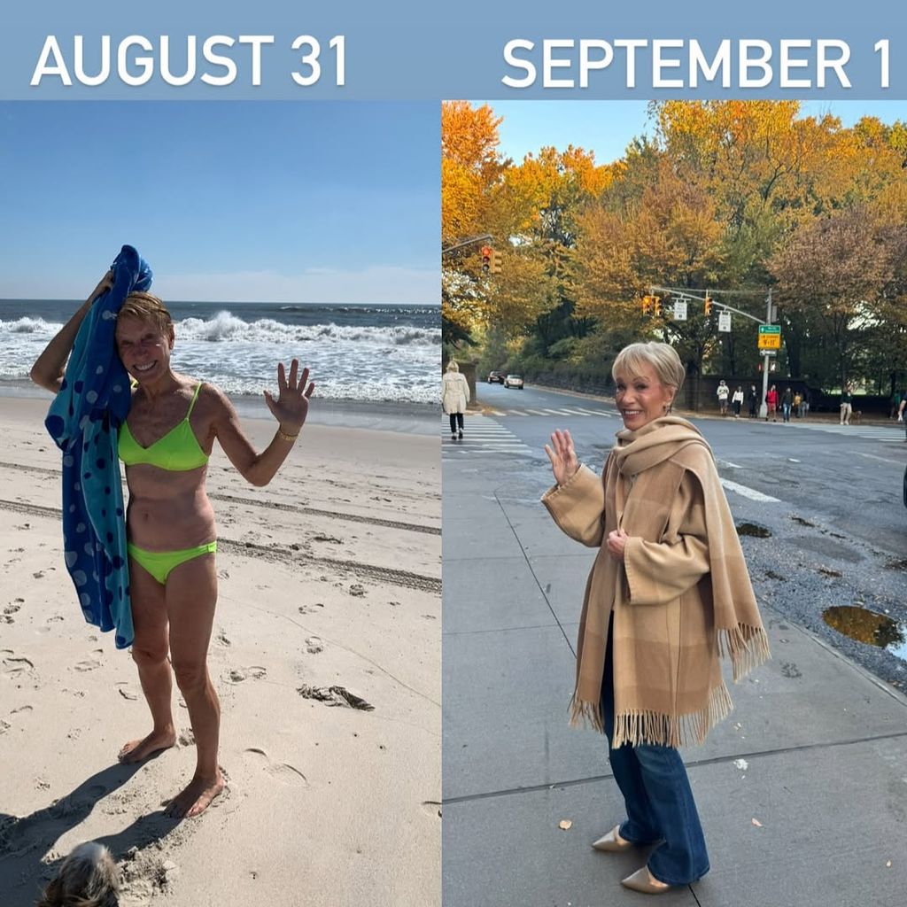 Barbara in a bikini in one photo on the beach and wearing winter ensemble in NY in the other