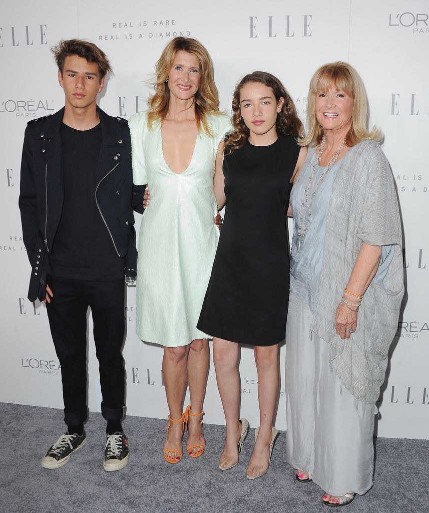 Laura Dern, son Ellery Harper (L), daughter Jaya Harper and mom Diane Ladd arrive at ELLE's 24th Annual Women in Hollywood Celebration at Four Seasons Hotel Los Angeles at Beverly Hills on October 16, 2017 in Los Angeles, California.