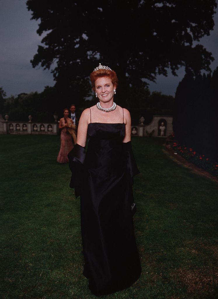 Sarah Ferguson Duchess of York at White Tie and Tiara Ball hosted by Sir Elton John at his Windsor mansion wearing York tiara