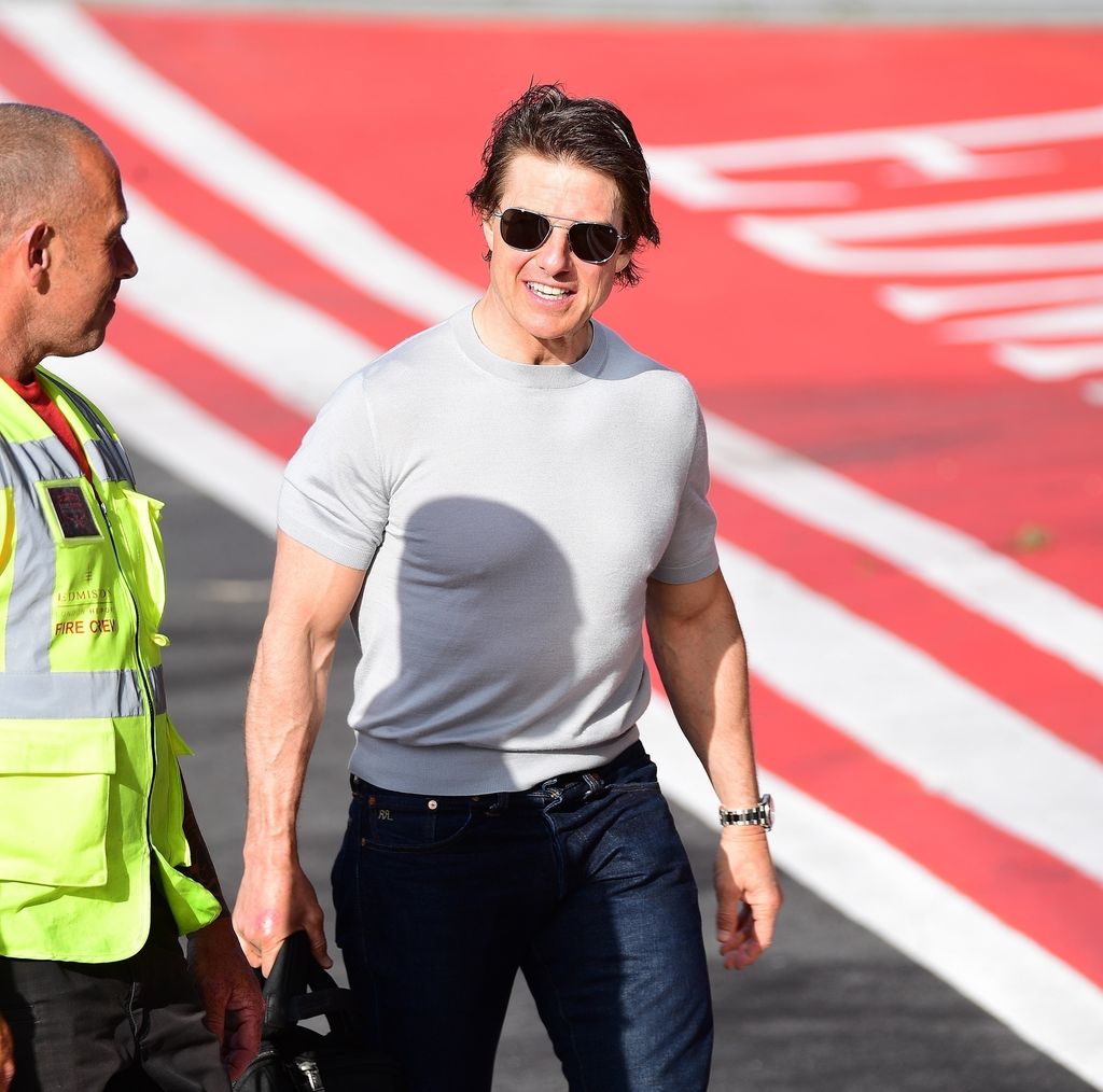 Tom Cruise & Connor Cruise arrive to a Heliport in Central London, with a couple of other guests onboard their helicopter