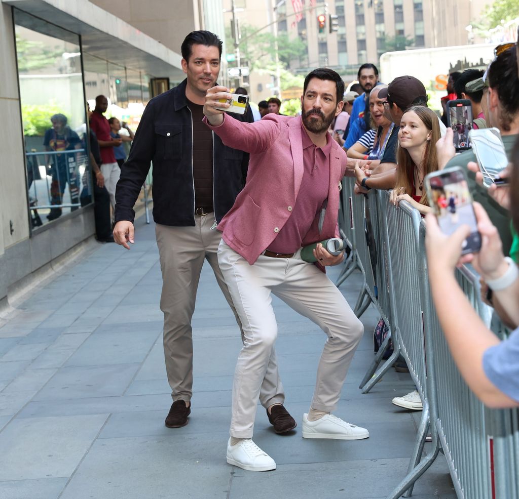 Jonathan Scott and Drew Scott are seen arriving at the "Today" show in Uptown, Manhattan on July 09, 2025 in New York City