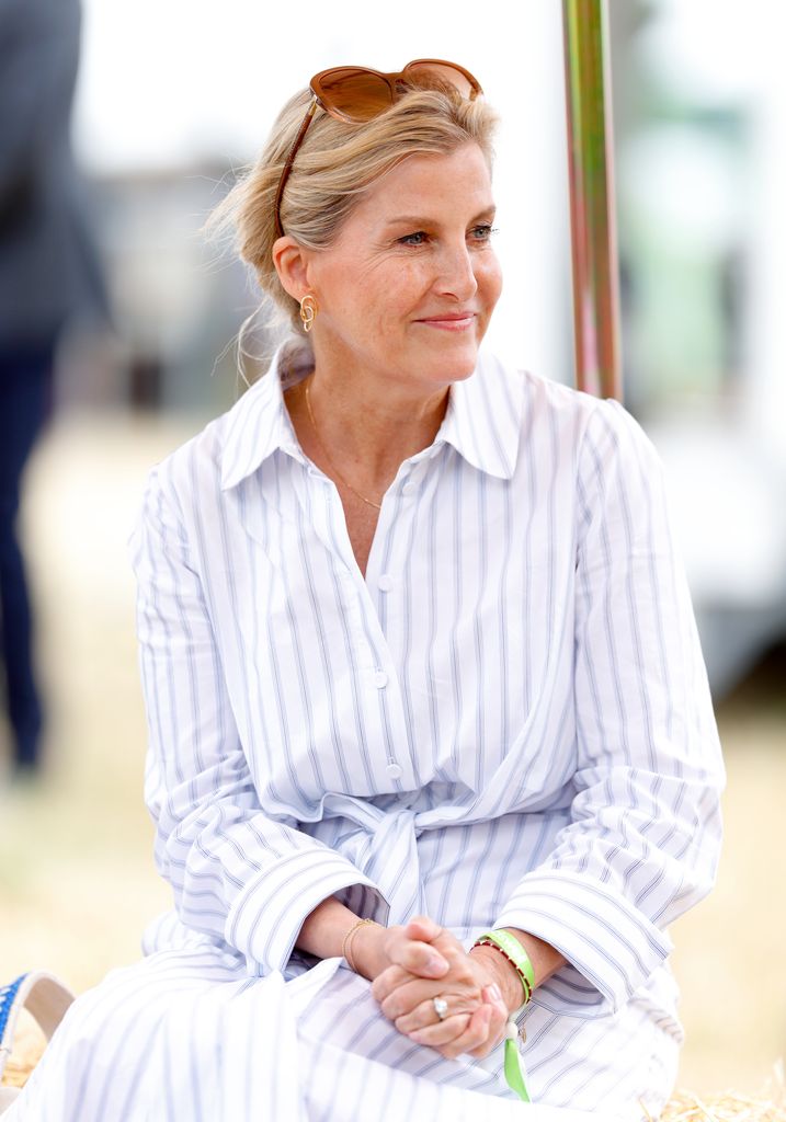 Duchess Sophie sits on a hay bale whilst talking with students as she, in her role as Patron of the Association of Show and Agricultural Organisations, visits the Groundswell Regenerative Agriculture Festival at Lannock Farm, Weston on July 3, 2025 in Hitchin, England