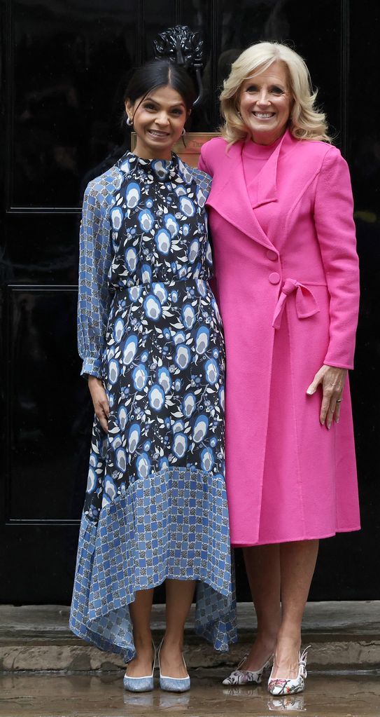 LONDON, ENGLAND - MAY 05: First Lady Jill Biden of the United States meets Akshata Murty, wife of British Prime Minister Rishi Sunak at number 10 Downing Street on May 5, 2023 in London, England. A series of foreign dignitaries are visiting Downing Street while in town for the coronation of King Charles III. (Photo by Hollie Adams/Getty Images)