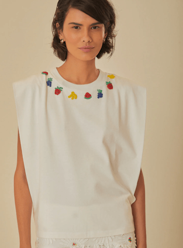 white beaded fruits organic cotton t-shirt from Farm Rio