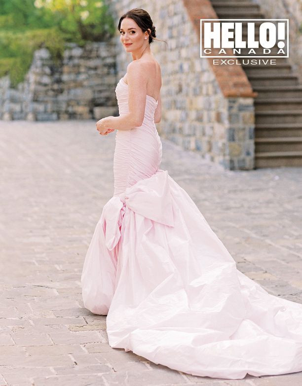 Tessa Virtue in a pink wedding dress in Tuscany