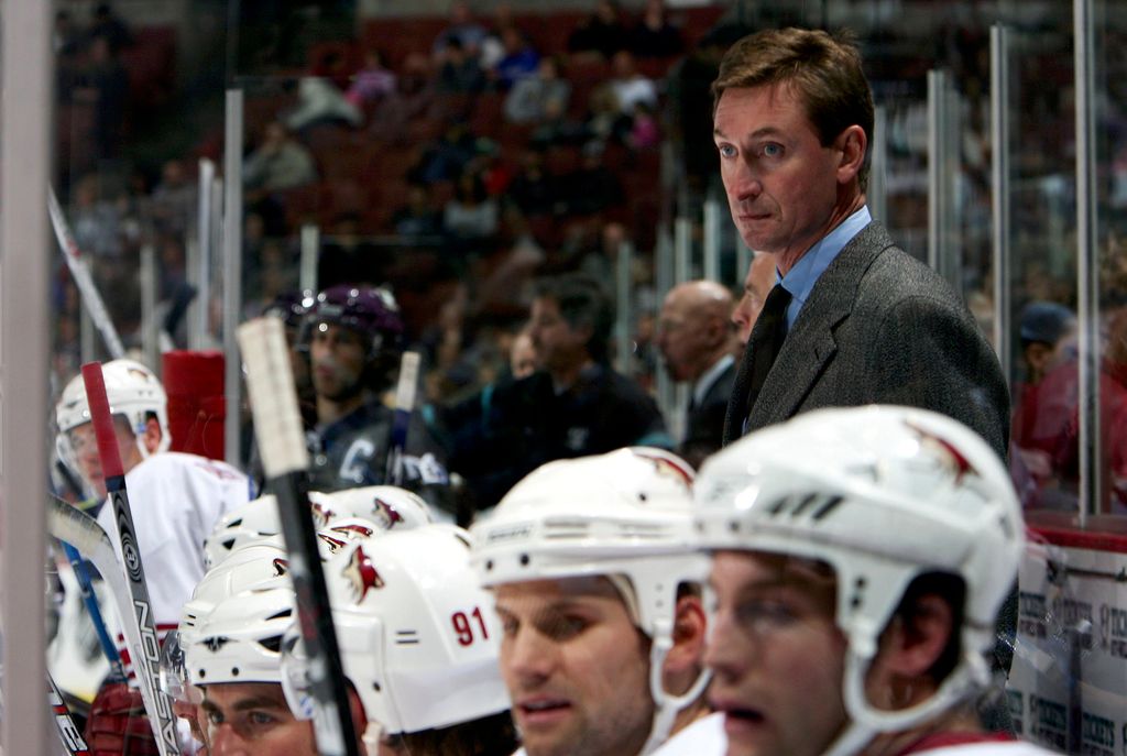 Head coach Wayne Gretzky of the Phoenix Coyotes looks on from the bench during the second period of their NHL game against the Anaheim Mighty Ducks on October 23, 2005 at Arrowhead Pond in Anaheim, California. The Ducks won 5-3.