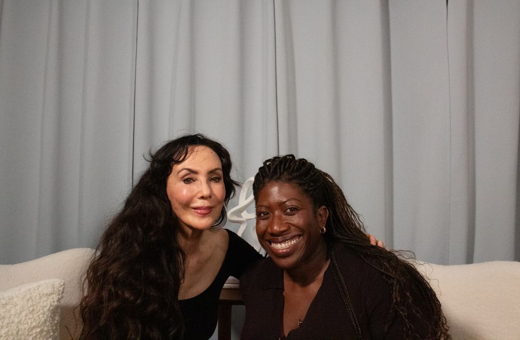 Ateh Jewel and Marie Helvin smiling in HELLO!'s podccast studio 