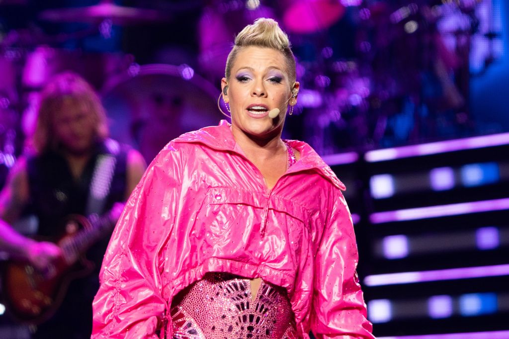 Pink in concert on the 'Trustfall Tour', New York, wearing a pink jacket