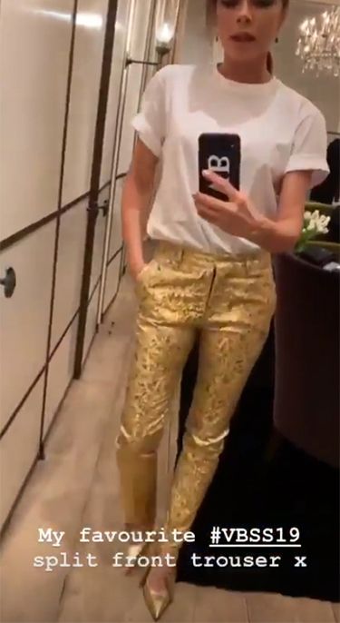 victoria beckham instagram gold trousers