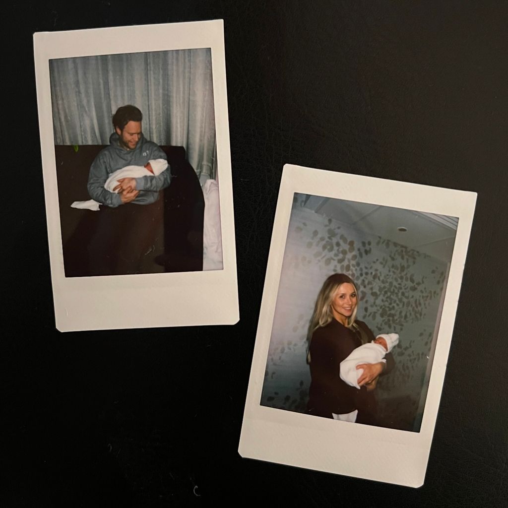 Olly and Amelia holding baby in two polaroid photos