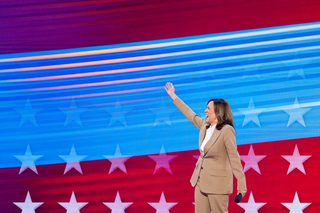 Vice President Kamala Harris makes a surprise apperance on stage during the 2024 Democratic National Convention 