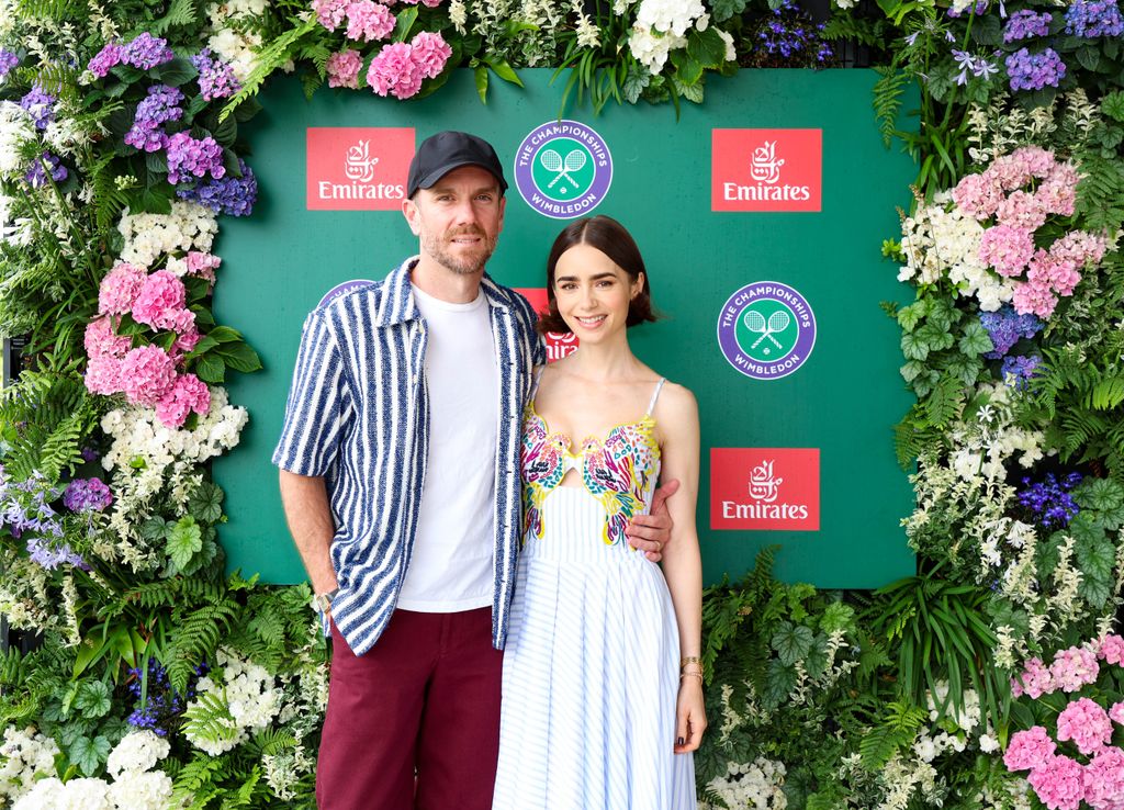 Charlie McDowell and Lily Collins at the Emirates Hospitality at Wimbledon, July 2025