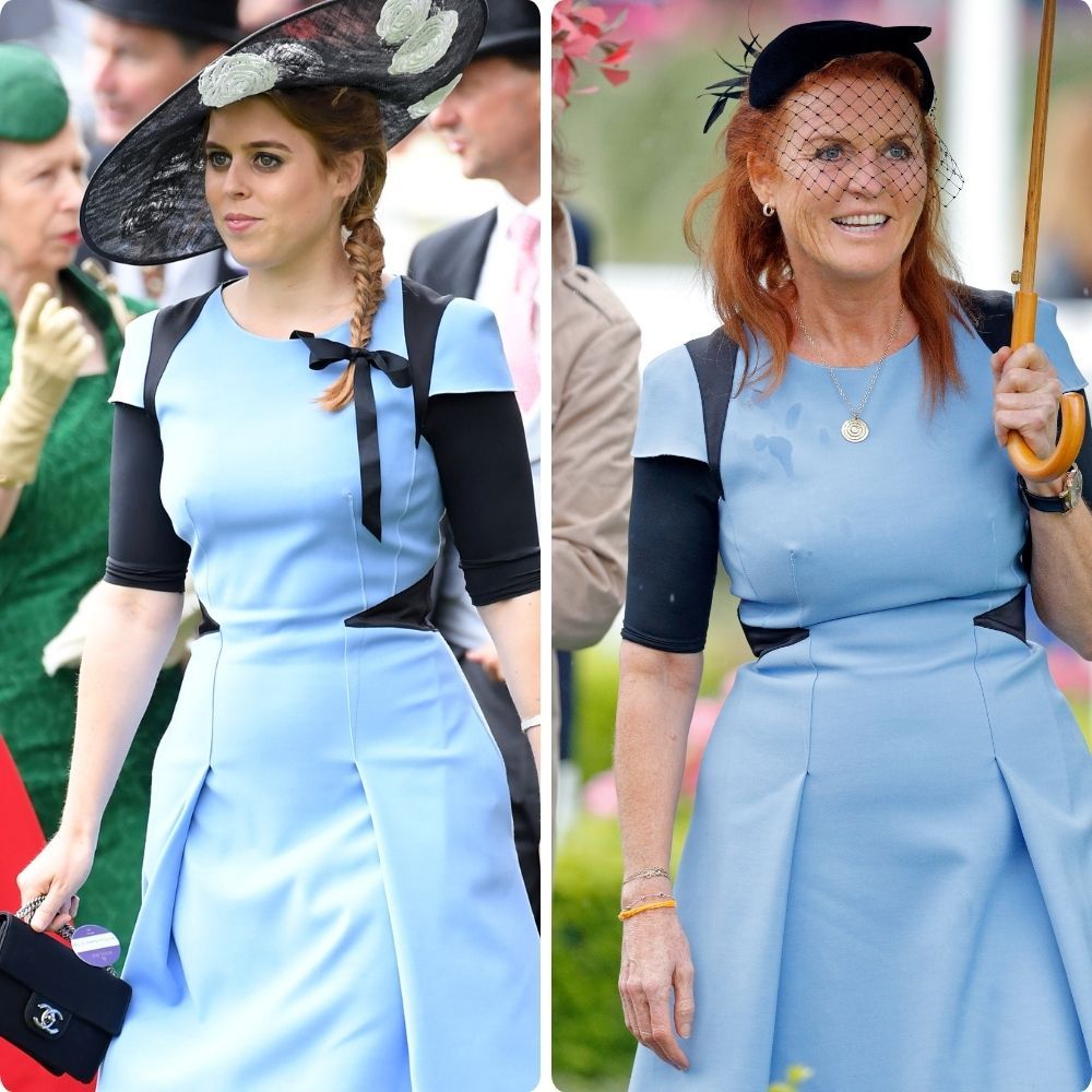 Princesa Beatrice e Sarah Ferguson no mesmo vestido azul e preto