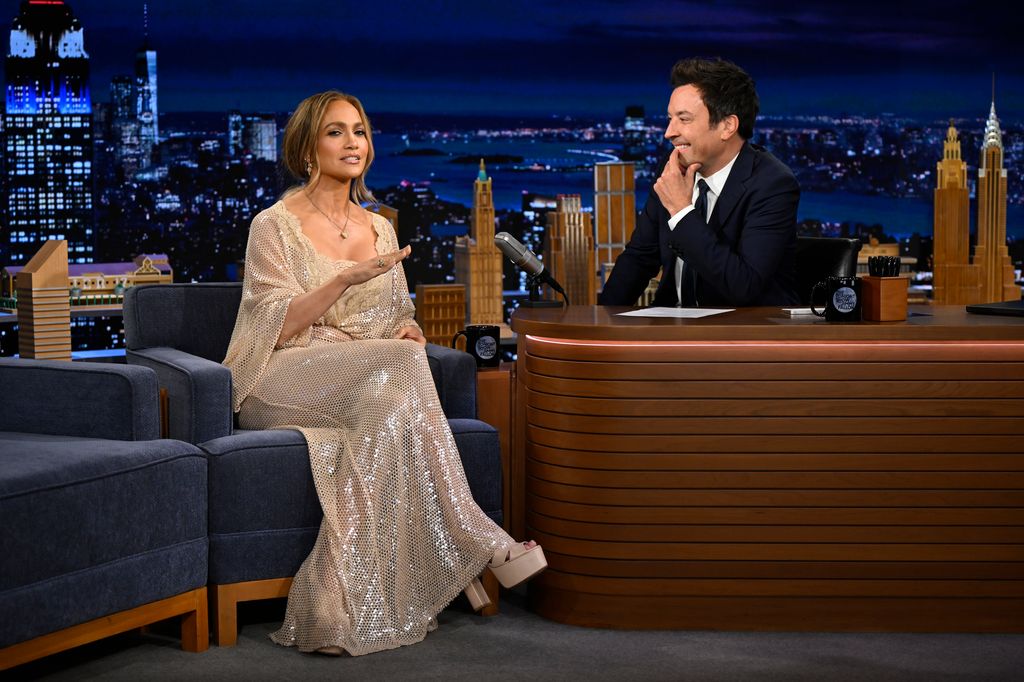 Jennifer Lopez in sequin nude dress on The Jimmy Fallon Show