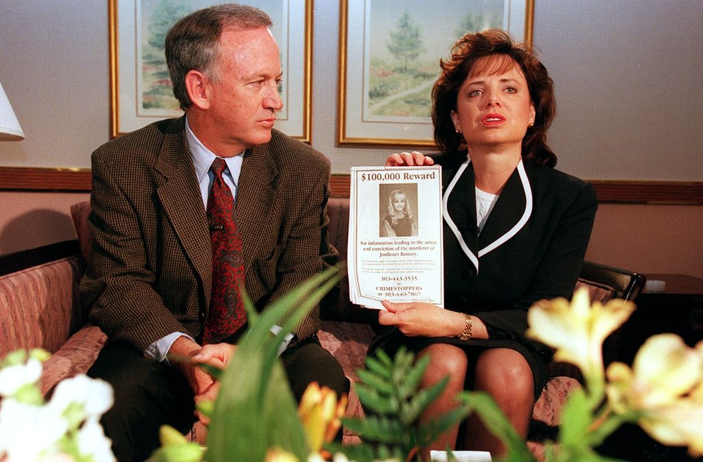 John and Patsy Ramsey, the parents of JonBenet Ramsey, meet with a small selected group of the local Colorado media after four months of silence  in Boulder, Colorado on May 1, 1997. Patsy holds up a reward sign for information leading to the arrest of their daughter's murderer.  Their 6-year-old daughter was found dead on Christmas night 1996