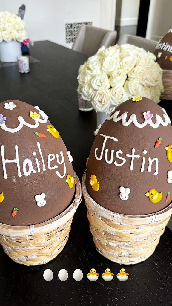 Chcocolate easter eggs with justin and hailey bieber's names on