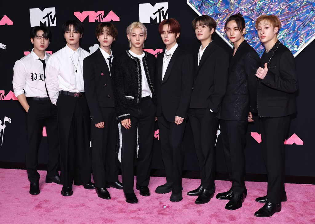 Changbin, I.N, Han, Felix, Lee Know, Seungmin, Hyunjin and Bang Chan of Stray Kids attends the 2023 MTV Video Music Awards at the Prudential Center on September 12, 2023 in Newark, New Jersey. (Photo by Jamie McCarthy/WireImage)