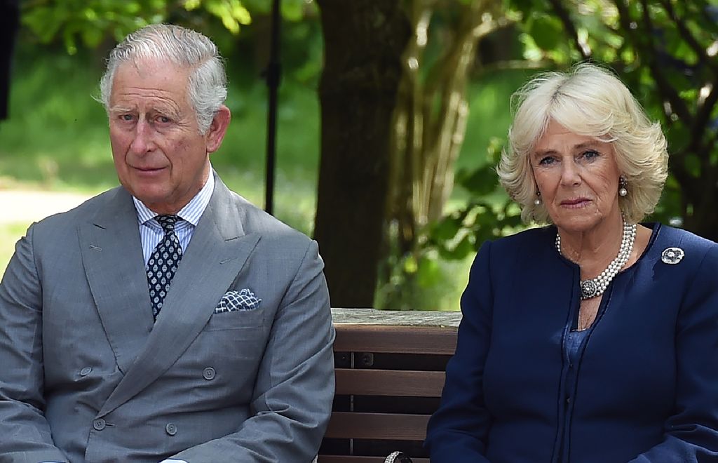 King Charles and Queen Camilla looking serious in formal clothes