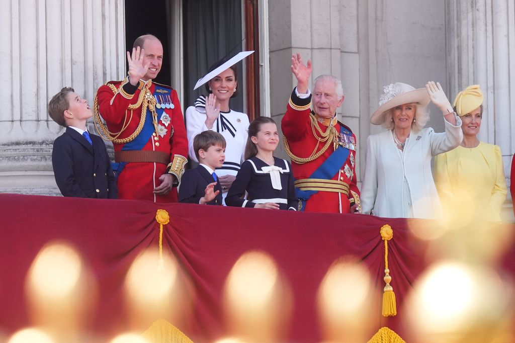 Prince George, the Prince of Wales, Prince Louis, the Princess of Wales, Princess Charlotte, King Charles III, Queen Camilla and the Duchess of Edinburgh on the balcony of Buckingham Palace, London, to view the flypast following the Trooping the Colour ceremony