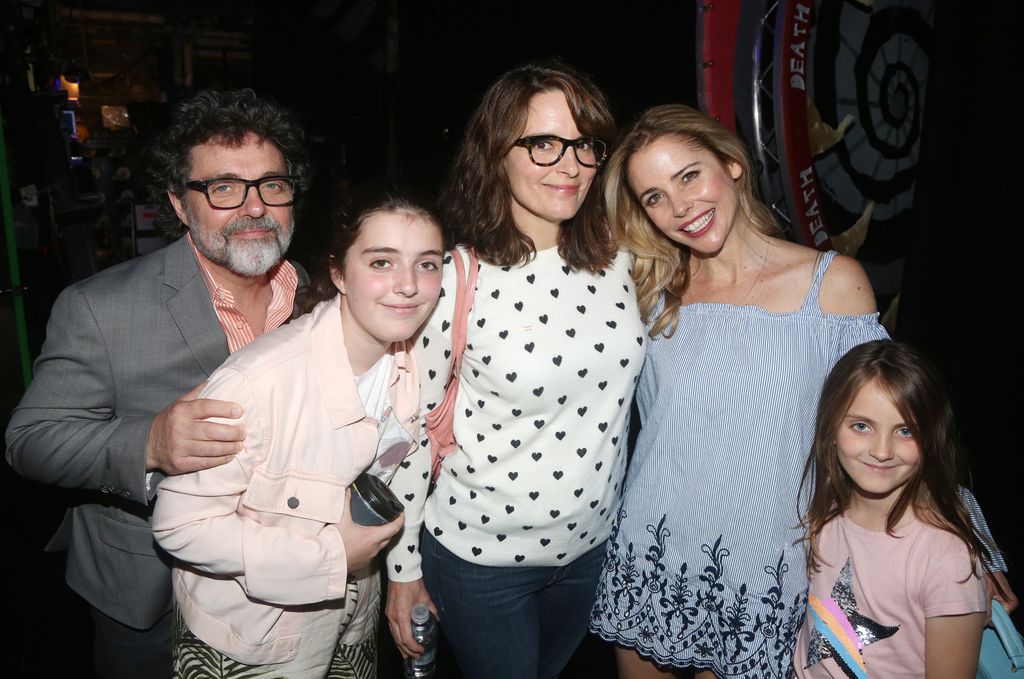 Jeff Richmond, Alice Zenobia Richmond, Tina Fey, Kerry Butler and Penelope Athena Richmond pose backstage at the hit musical based on the film "Beetlejuice" on Broadway at The Winter Garden Theatre on June 8, 2019 in New York City.