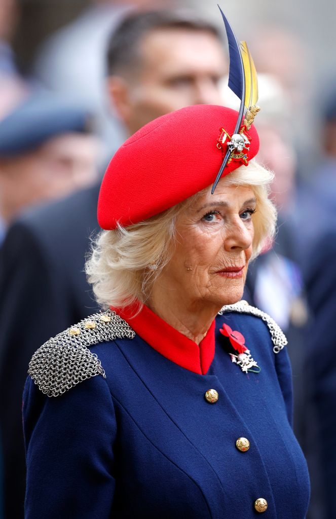 Queen Camilla in an outfit inspired by The Royal Lancers