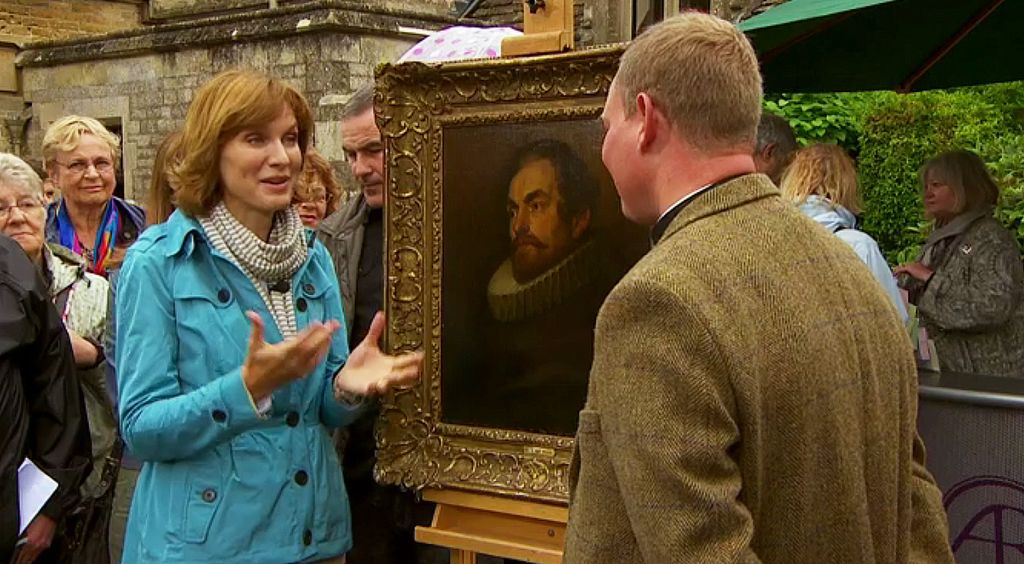 Fiona Bruce and Father James standing with a Van Dyck Painting 