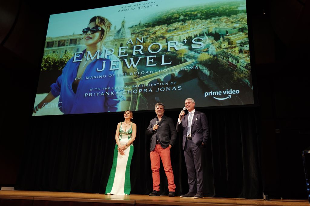 Francesca Stancanelli, Andrea Rovetta and Vincenzo Falcone attend the Bulgari screening of Docufilm on making of Rome Hotel in New York on June 20, 2024 in New York City.
