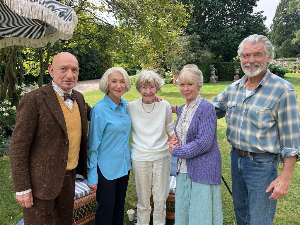 Pierce Brosnan and his The Thursday Murder Club co-stars Ben Kingsley, Helen Mirren, and Celia Imrie with his mother, May Carmichael