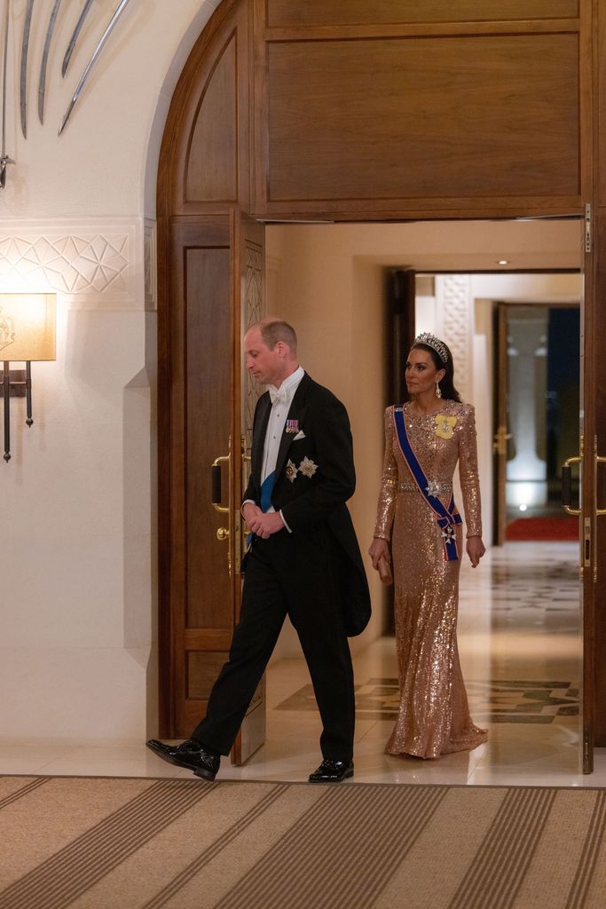 The Prince and Princess of Wales arriving at a state banquet, with Kate wearing a tiara
