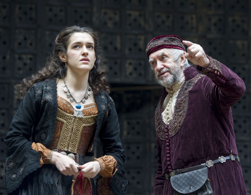 Phoebe Pryce as Jessica, Jonathan Pryce as Shylock in The Merchant of Venice at Shakespeare's Globe Theatre, London, UK, 25 Apr 2015