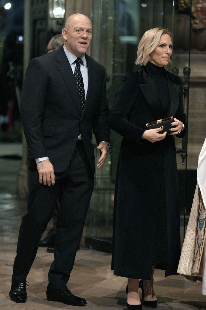 Mike and Zara Tindall arrive for the Together At Christmas carol service at Westminster Abbey on December 5, 2025 in London, England.