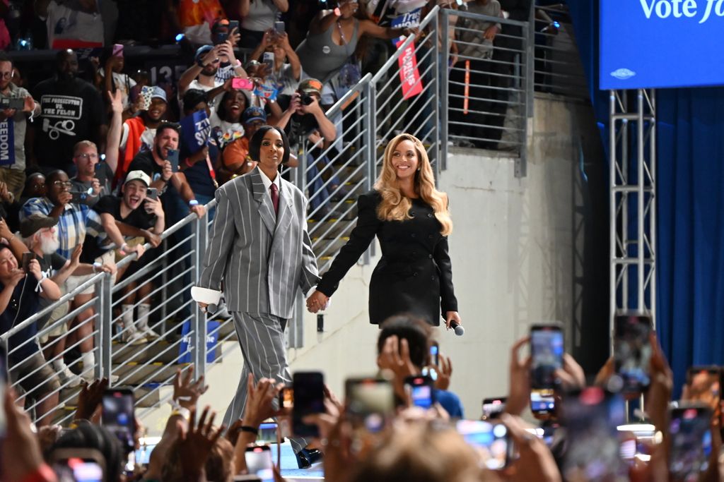 Beyonce and Kelly Rowland arrive to deliver remarks at a campaign rally in support of Kamala Harris