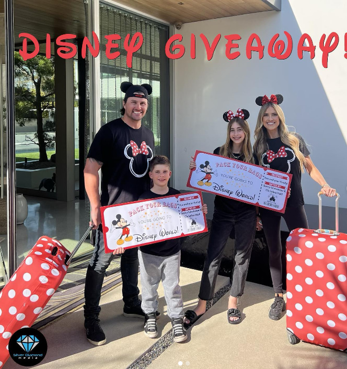 Christina Hall shares details of her Disney giveaway while posing with her husband Joshua Hall and two of her children  