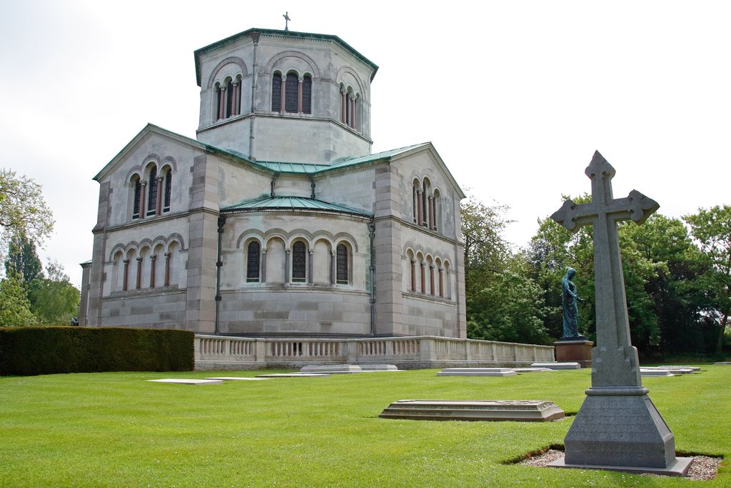 The Royal Mausoleum and Royal Burial Ground exterior with lawn