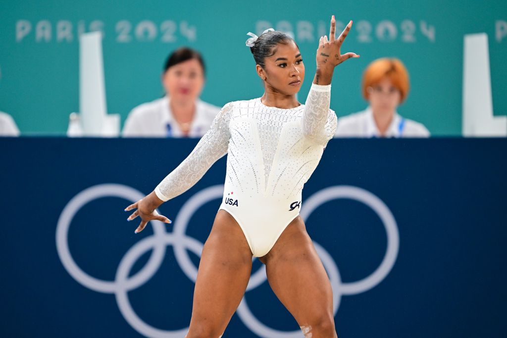 Jordan Chiles of USA performs during the Women's Floor Exercise Final on day ten of the Olympic Games Paris 2024 at Bercy Arena on August 5, 2024 in Paris, France.