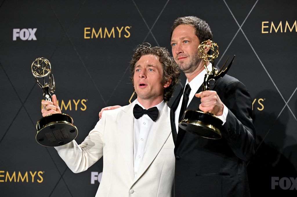 Outstanding Lead Actor in a Comedy Series Jeremy Allen White, The Bear, poses in the press room during the 75th Emmy Awards at the Peacock Theatre with Ebon Moss-Bachrach who won Outstanding Supporting Actor in a Comedy Series